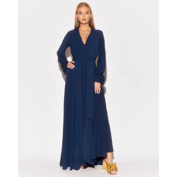 Meghan Los Angeles Lilypad Navy Blue Long Sleeve Maxi Dress Size Small - Picture 3 of 6